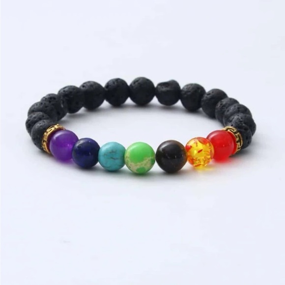 Jewelry - Colorful Seven Chakra Natural Stone on Volcanic Stone Beaded Bracelet